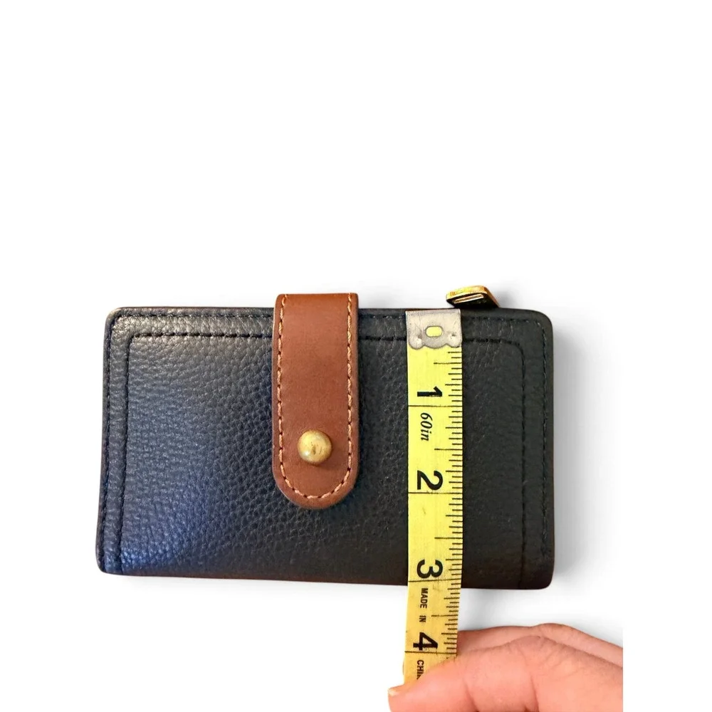 Fossil Trifold Wallet Black Pebbled Leather Brown Trim Card Slots Small
